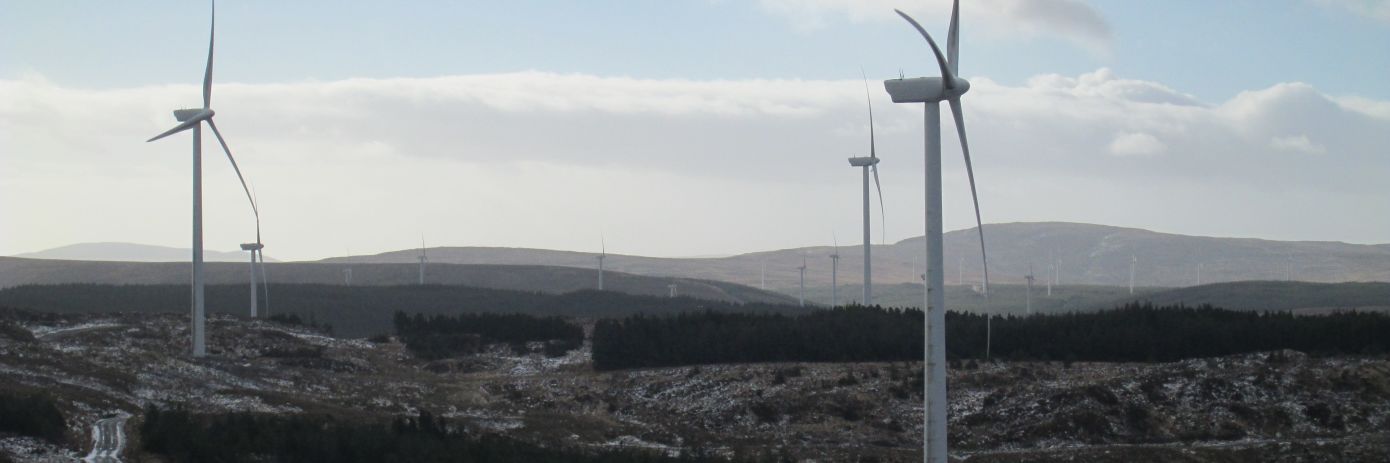 Wind turbines on a snowy landscape in Ireland